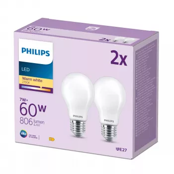 Philips Filament λάμπα ματ 60W A60 E27 συσκευασία 2 τεμ., 7 W, 60 W, E27, 806 lm, 15000 h, θερμό λευκό