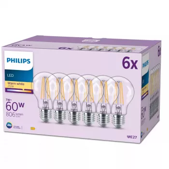 Philips Filament Bulb Frosted 60W A60 E27 x6, 7 W, 60 W, E27, 806 lm, 15000 h, θερμό λευκό