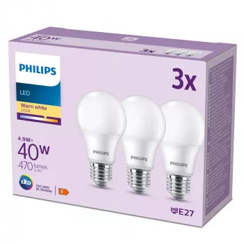 Philips Λαμπτήρας 40W A60 E27 x3, 4,9 W, 40 W, E27, 470 lm, 15000 h, Θερμό λευκό