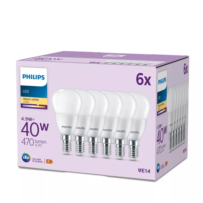 Philips Κερί 40W P45 E14 x6, 4,9 W, 40 W, E14, 470 lm, 15000 h, Θερμό λευκό