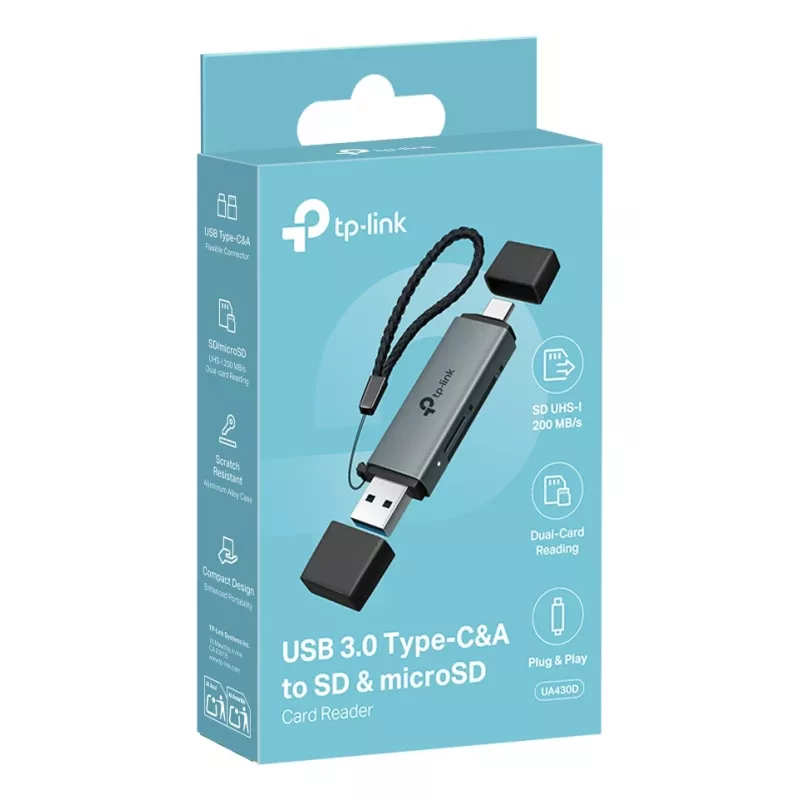 Αναγνώστης καρτών TP‑LINK UA430D USB 3.1 — Υποστήριξη MicroSD/SD, 200 Mbit/s, Μαύρο, 75×22,9×9,3 mm