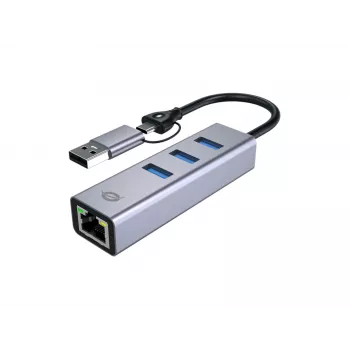 Προσαρμογέας δικτύου USB-C σε Gigabit με hub USB 3 θυρών CONCEPTRONIC ABBY25G — USB 3.2 Gen 1, Ethernet 1 Gbit/s, 3x USB-A, αλουμίνιο, γκρι