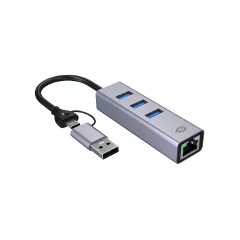 Προσαρμογέας δικτύου USB-C σε Gigabit με hub USB 3 θυρών CONCEPTRONIC ABBY25G — USB 3.2 Gen 1, Ethernet 1 Gbit/s, 3x USB-A, αλουμίνιο, γκρι