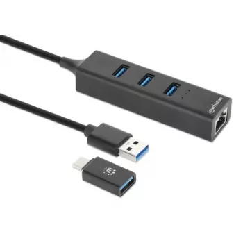 Manhattan USB-C & USB-A Combo-Dock/Hub, θύρες (4): Ethernet και USB-A (x3), 5 Gbit/s (USB 3.2 Gen 1, γνωστό και ως USB 3.0), τροφοδοσία από USB (δεν απαιτείται εξωτερικό τροφοδοτικό)