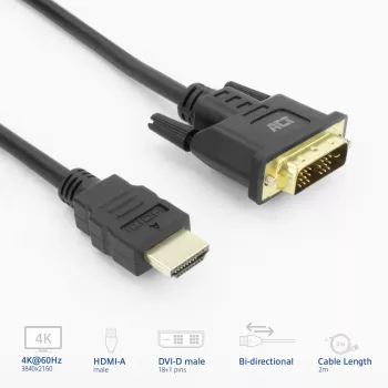 ACT AK3735 αντάπτορας καλωδίου βίντεο 2 m HDMI Type A (Standard) DVI-D μαύρο