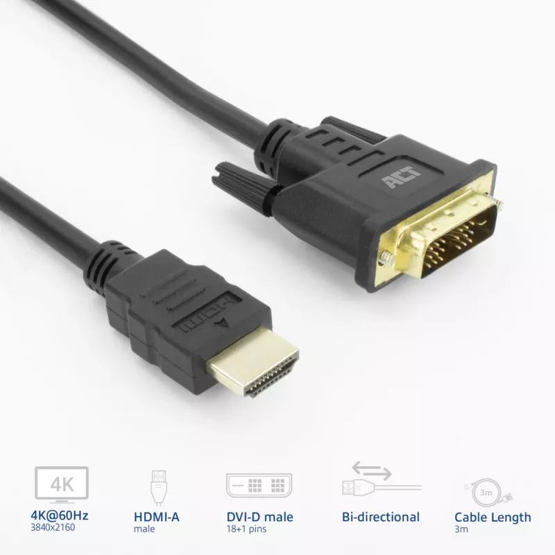 ACT AK3736 αντάπτορας καλωδίου βίντεο 3 m HDMI Type A (Standard) DVI-D μαύρο