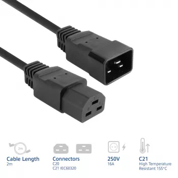 Καλώδιο τροφοδοσίας ACT C20–C21 IEC60320 μαύρο 2 m, 250 V 16 A
