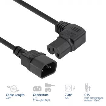 ACT καλώδιο τροφοδοσίας C14 - C15 (γωνιακό δεξιά) IEC60320 μαύρο 0,6 m