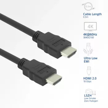 Καλώδιο HDMI ACT AK3870 0,5 m – βύσμα HDMI Type A αρσενικό σε βύσμα HDMI Type A αρσενικό, HDMI 2.0, 18 Gbit/s, ARC, επιχρυσωμένες επαφές, μαύρο