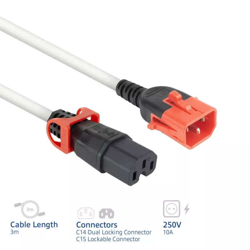 ACT καλώδιο τροφοδοσίας C14 IEC Lock+ Dual Locking - C15 IEC Lock+ λευκό 3 m, PC3879