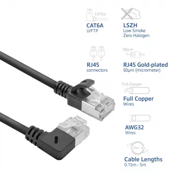 ACT μαύρο 1 m U/FTP CAT6A LSZH Slimline καλώδιο patch με βύσματα RJ45 90° γωνιακό δεξιά σε ευθύ