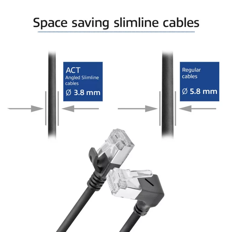 ACT DA4930 0,15 m U/FTP Cat6A LSZH Slimline καλώδιο patch, RJ45 90° γωνιακό σε ευθύ, μαύρο