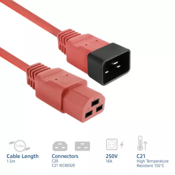 Καλώδιο τροφοδοσίας ACT C20–C21 IEC60320 κόκκινο 1,5 m, 250 V 16 A