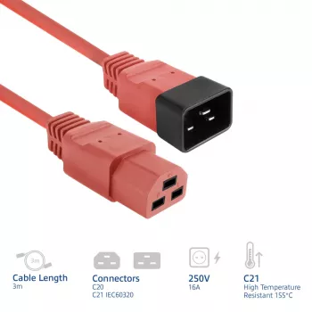 Καλώδιο τροφοδοσίας ACT C20–C21 IEC60320 κόκκινο 3 m, 16 A, 250 V