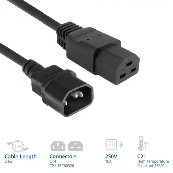 Καλώδιο τροφοδοσίας ACT C14 σε C21 IEC60320 μαύρο 2,5 m, 250 V, 10 A