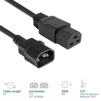 Καλώδιο τροφοδοσίας ACT C14 σε C21 IEC60320 μαύρο 3 m, 250 V 10 A
