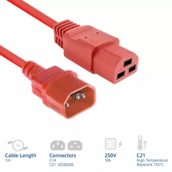 Καλώδιο τροφοδοσίας ACT C14 σε C21 IEC60320 κόκκινο 1 m, 250V 10A