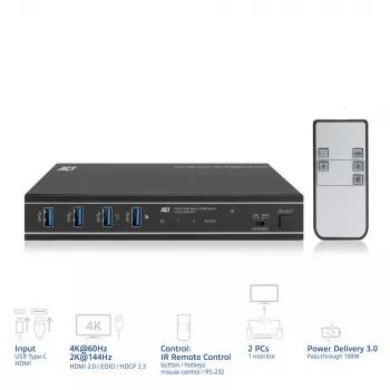 Διακόπτης KVM ACT 2-Port USB-C/HDMI 4K@60Hz AC7922 με πληκτρολόγιο/ποντίκι USB, βίντεο HDMI, 100W PD
