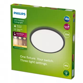 Φωτιστικό οροφής Philips Superslim 15W, μαύρο, μέταλλο, πλαστικό, IP54, βεράντα, κήπος, II, μοντέρνο