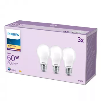 Λαμπτήρας Filament Philips ματ 60W A60 E27 συσκευασία 3 τεμ., 7 W, 60 W, E27, 806 lm, 15000 h, θερμό λευκό