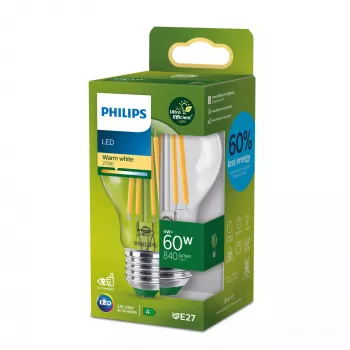 Λαμπτήρας Filament Philips διάφανος 60W A60 E27, 4 W, 60 W, E27, 840 lm, 50000 h, θερμό λευκό