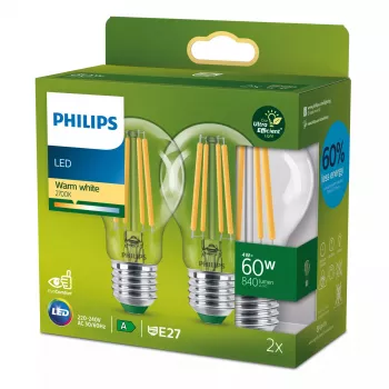 Λαμπτήρας Filament Philips διάφανος 60W A60 E27 x2, 4 W, 60 W, E27, 840 lm, 50000 h, θερμό λευκό
