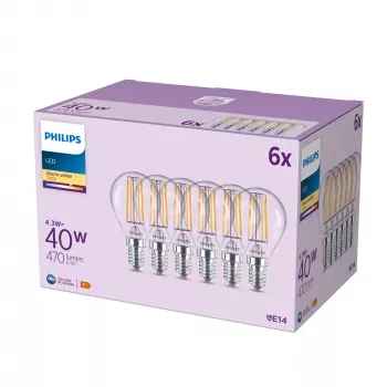 Λαμπτήρας Filament Philips κεριού διάφανος 40W P45 E14 x6, 4,3 W, 40 W, E14, 470 lm, 15000 h
