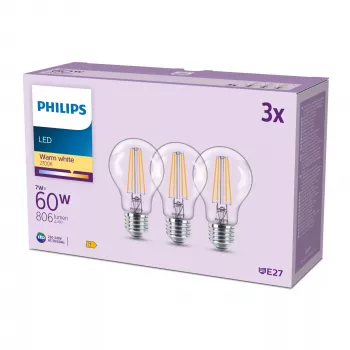 Λαμπτήρας Filament Philips διάφανος 60 W A60 E27 x3, 7 W, 60 W, E27, 806 lm, 15000 h, θερμό λευκό