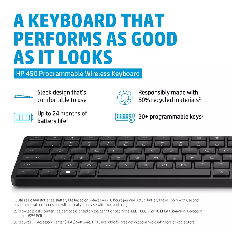 HP 450 Προγραμματιζόμενο ασύρματο πληκτρολόγιο Full-size RF Wireless USB Μαύρο