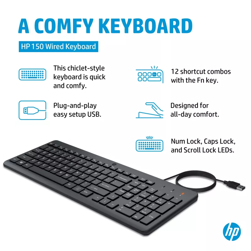 HP 150 Ενσύρματο Πληκτρολόγιο Full-Size USB Μαύρο 664R5AA#ABD