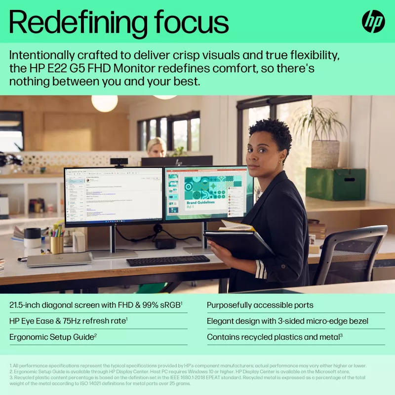HP E-Series E22 G5 FHD οθόνη, 54,6 cm (21,5 ιντσών), Full HD, LCD, 5 ms (ανακατασκευασμένη)