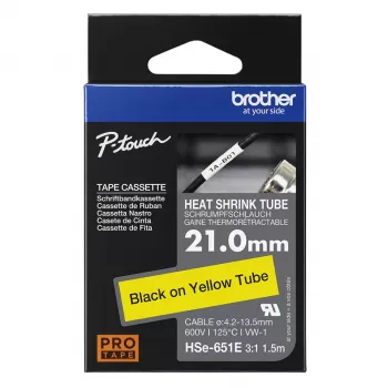 Brother HSe-651E θερμοσυστελλόμενο μακαρόνι, 21 mm x 1,5 m, μαύρο σε κίτρινο