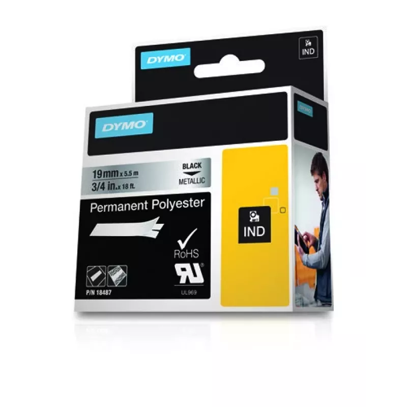 DYMO 19 mm RHINO Permanent Polyester - μαύρο σε γκρι - πολυεστέρας - D1 - Βέλγιο - κουτί (S0718200)
