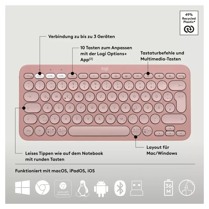 Logitech Pebble 2 Combo Πληκτρολόγιο Ποντίκι με Universal RF Wireless + Bluetooth QWERTZ Γερμανικό Ροζ (920-012205)