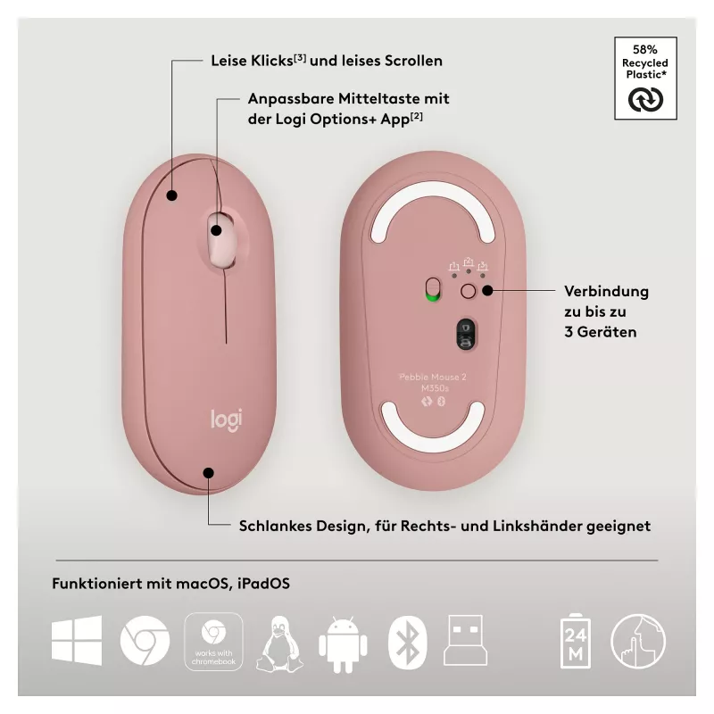 Logitech Pebble 2 Combo Πληκτρολόγιο Ποντίκι με Universal RF Wireless + Bluetooth QWERTZ Γερμανικό Ροζ (920-012205)