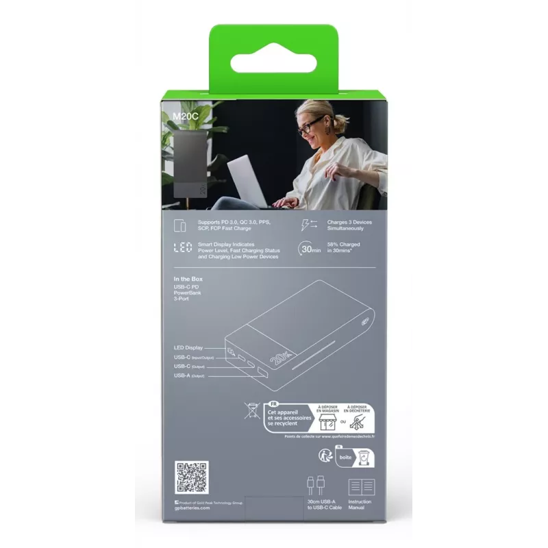 GP Battery GP PowerBank M2+ 20C 20000mAh 2xUSB-C/1xUSB-A μαύρο LED-Anz. (GPPBM20CGYMSR287)