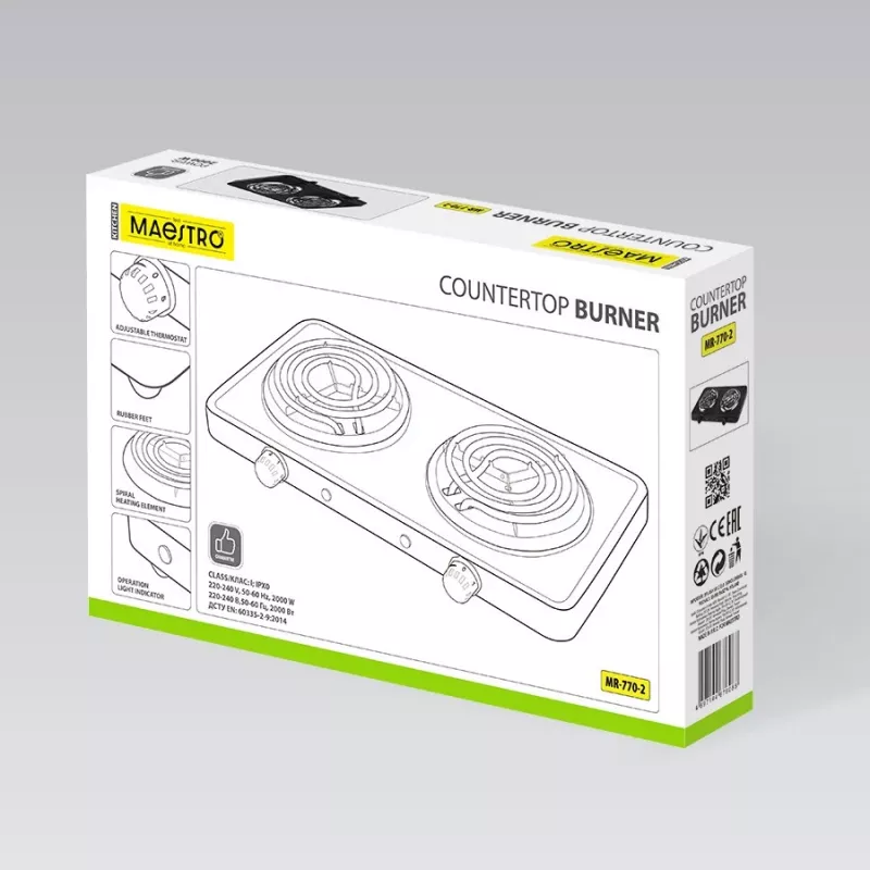 Ηλεκτρική εστία δύο ματιών Maestro MR-770-2, 2000 W, συμπαγής επιτραπέζια εστία