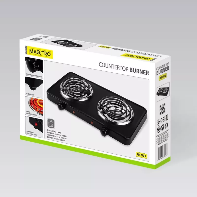 Ηλεκτρική εστία δύο ματιών Maestro MR-770-2, 2000 W, συμπαγής επιτραπέζια εστία