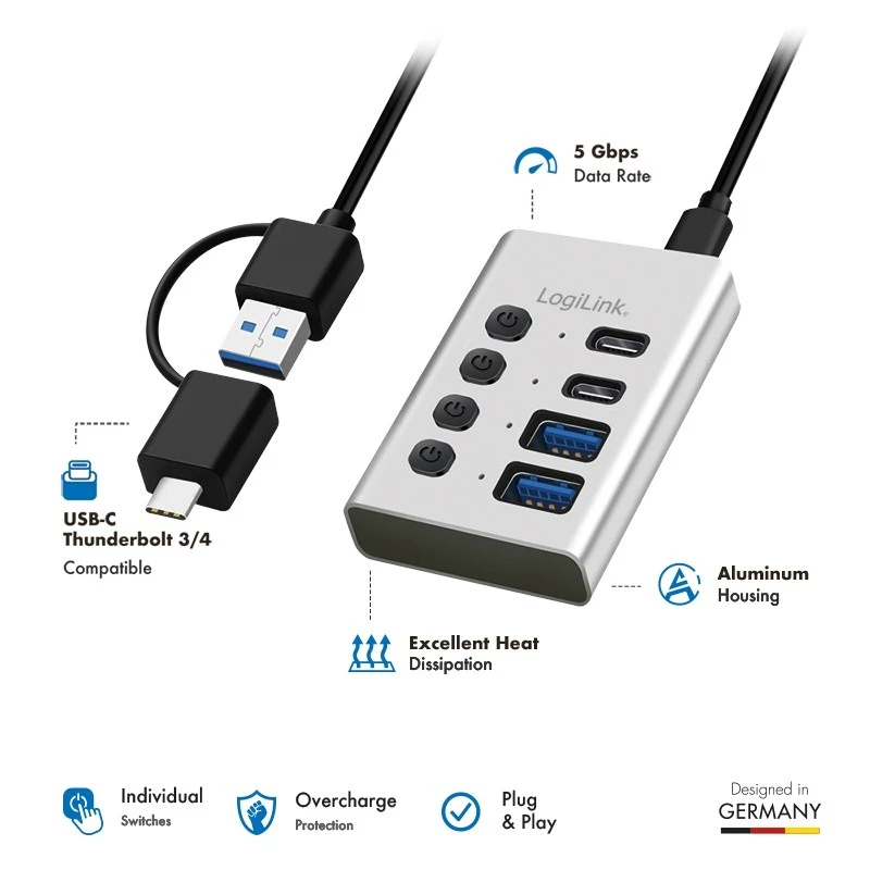 Hub USB 3.2 Gen 1, 4 θύρες, USB-A/C, διακόπτης on/off