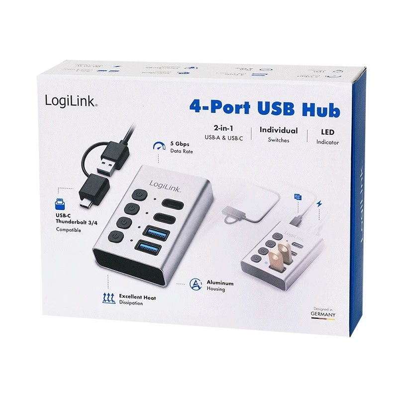 Hub USB 3.2 Gen 1, 4 θύρες, USB-A/C, διακόπτης on/off