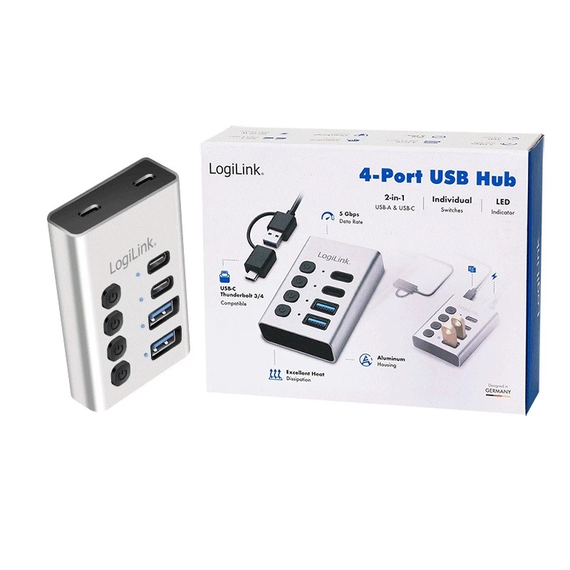 Hub USB 3.2 Gen 1, 4 θύρες, USB-A/C, διακόπτης on/off