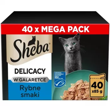 Υγρή τροφή για γάτες Sheba Delicacy γεύση ψαριού σε ζελέ, 40×85 g κονσέρβες, ενήλικες γάτες, 11% πρωτεΐνη, 78% υγρασία
