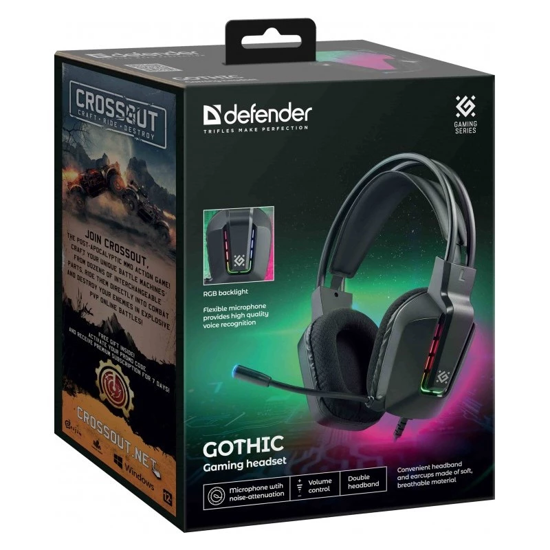 Ενσύρματα ακουστικά gaming USB DEFENDER GOTHIC RGB με μικρόφωνο, μαύρα