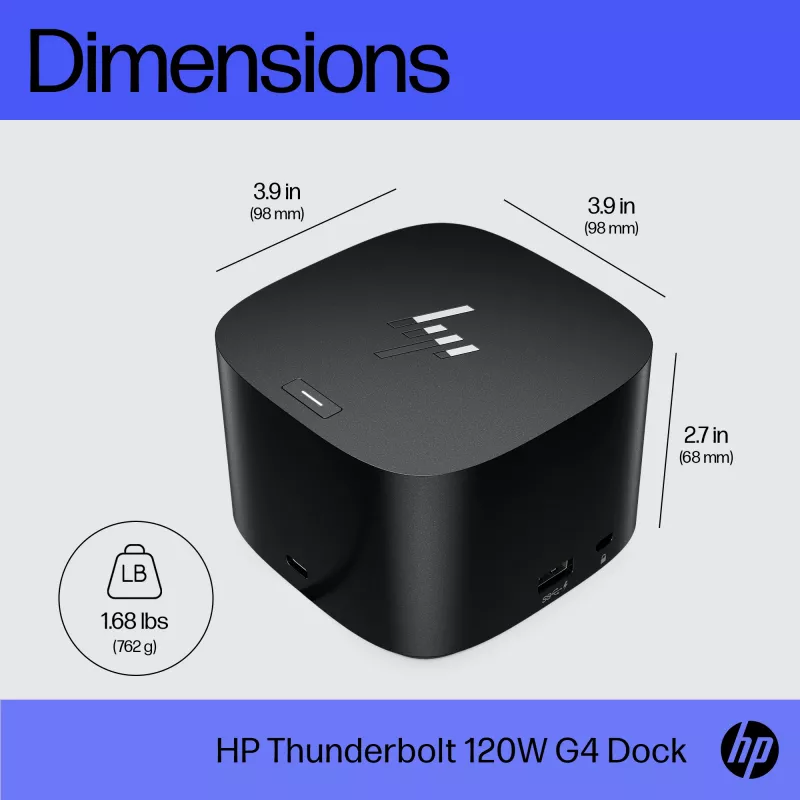HP Thunderbolt Dock 120W G4, Kensington, Κίνα, Ταϊλάνδη, Ταϊβάν, Επαγγελματικό, Windows 10, Windows 11, MacOS, 98 mm