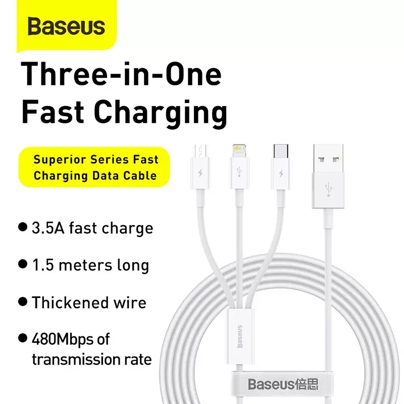 Καλώδιο USB Baseus Superior USB 2.0 1,5 m USB A USB C/Micro USB A/Lightning Λευκό