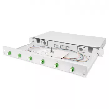 Κουτί συγκόλλησης οπτικών ινών DIGITUS DN-96330/9APC 1U, εξοπλισμένο με 6x LC-APC DX, OS2, πολυμερές/χάλυβας, ανοιχτό γκρι