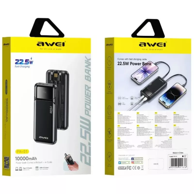 Powerbank Awei PA-91 10000mAh 22,5W PD 2xUSB-C + Καλώδιο μαύρο