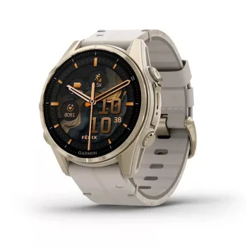 Smartwatch GARMIN Fenix 8 43 mm, 1,3 ίντσες AMOLED 416×416, οθόνη αφής, Wi‑Fi, GPS, 32 GB, θήκη χρυσή, γκρι δερμάτινο λουράκι