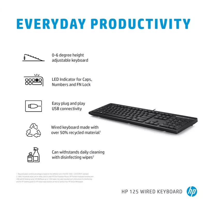 HP 125 Ενσύρματο Πληκτρολόγιο Full-Size USB Μεμβράνη Μαύρο