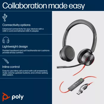 HP Poly Blackwire 8225 USB-C ακουστικά, ενσύρματα, γραφείο/call center, 185 g, ακουστικά, μαύρο